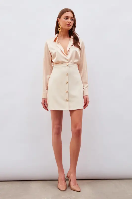 Button Detailed Mini Skirt Beige-BEIGE - 6