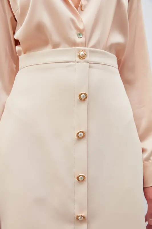 Button Detailed Mini Skirt Beige-BEIGE - 7
