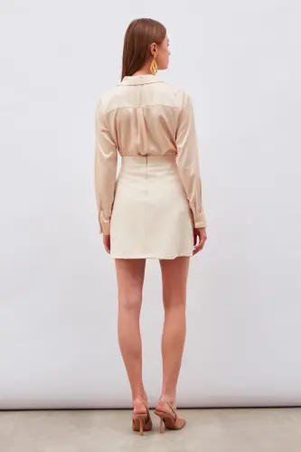 Button Detailed Mini Skirt Beige-BEIGE - 8