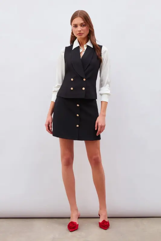 Button Detailed Mini Skirt - Black - 1