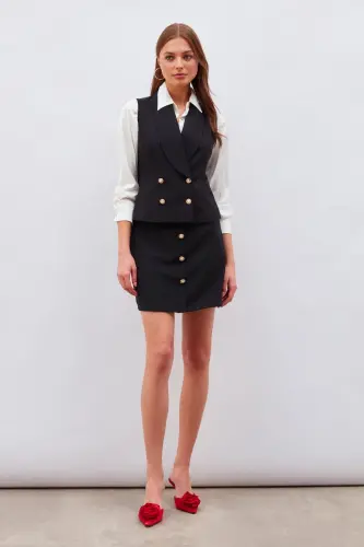 Button Detailed Mini Skirt - Black - SATEEN (1)