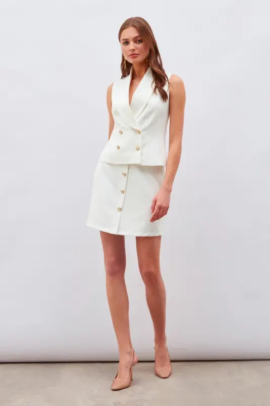 Button Detailed Mini Skirt - Ecru-ECRU - 3