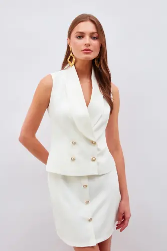 Button Detailed Mini Skirt - Ecru-ECRU - 5