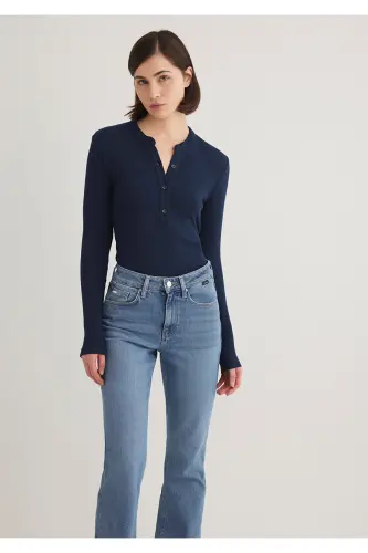 Button Detailed Navy Blue T-Shirt Fitted - 1