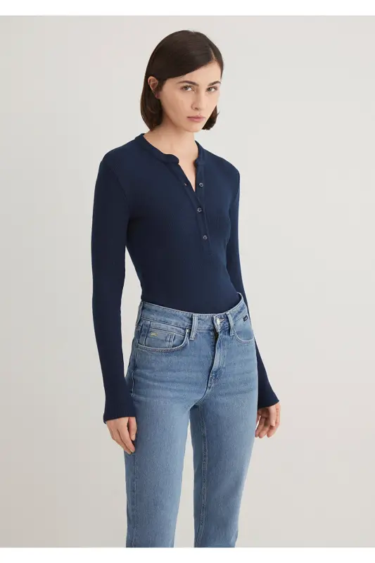 Button Detailed Navy Blue T-Shirt Fitted - 2