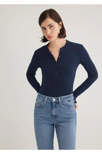 Button Detailed Navy Blue T-Shirt Fitted - 3