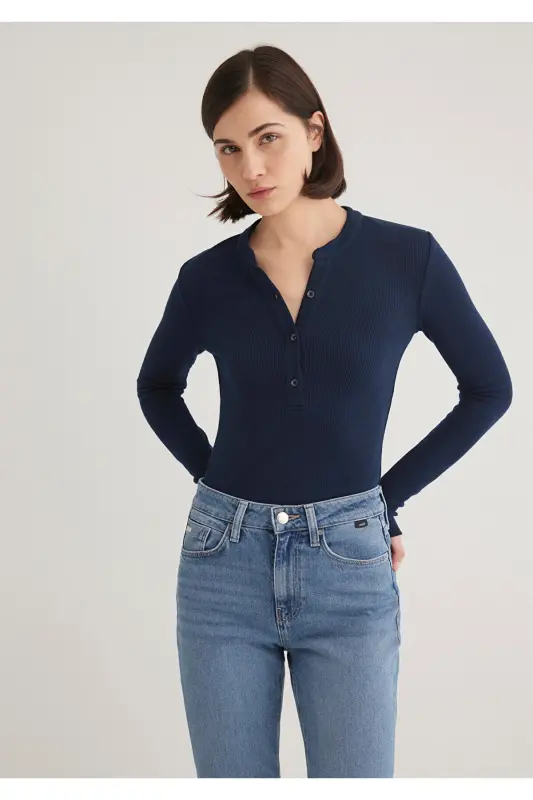 Button Detailed Navy Blue T-Shirt Fitted - 3