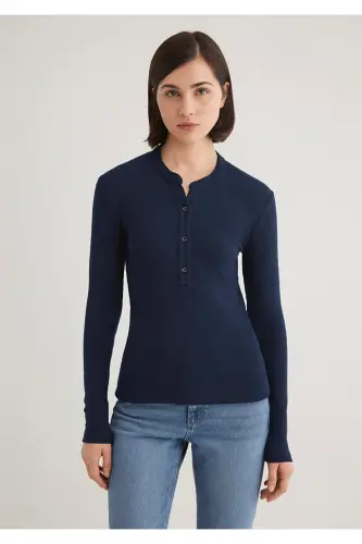 Button Detailed Navy Blue T-Shirt Fitted - 5