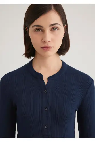 Button Detailed Navy Blue T-Shirt Fitted - 7