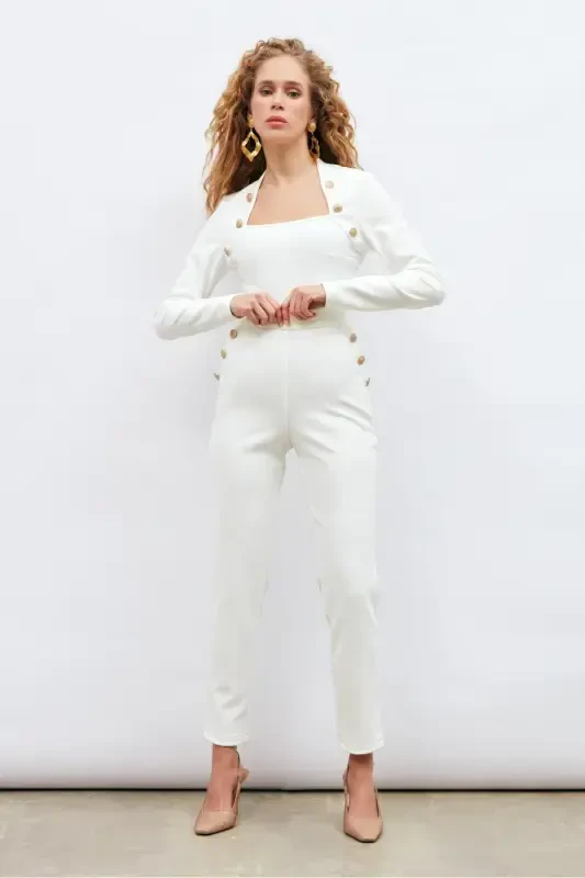 Button Detailed Pants - Ecru - SATEEN