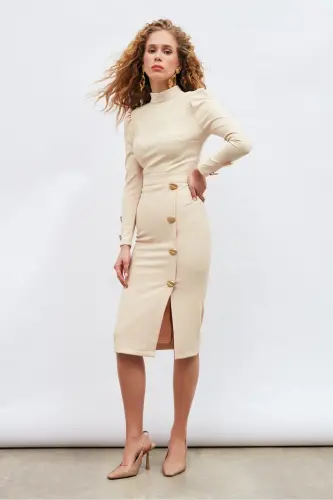 Button Detailed Pencil Skirt - Beige - SATEEN (1)