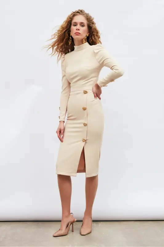 Button Detailed Pencil Skirt - Beige - 2