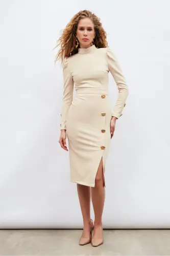 Button Detailed Pencil Skirt - Beige - 3