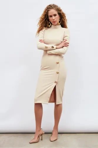 Button Detailed Pencil Skirt - Beige - 4