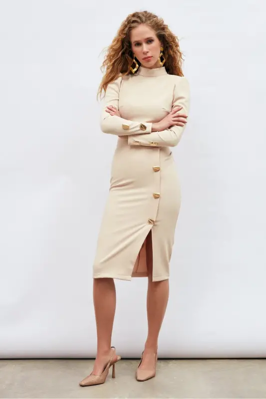 Button Detailed Pencil Skirt - Beige - 4