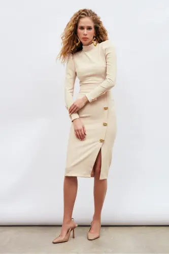 Button Detailed Pencil Skirt - Beige - 5