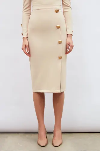 Button Detailed Pencil Skirt - Beige - 6