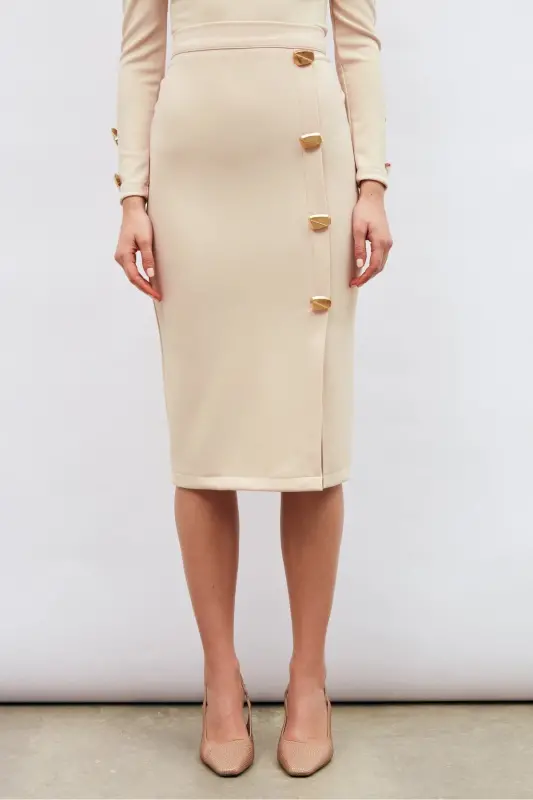 Button Detailed Pencil Skirt - Beige - 6