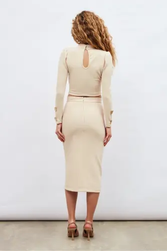 Button Detailed Pencil Skirt - Beige - 8