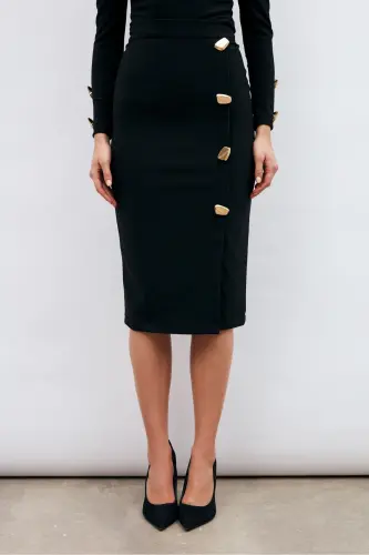 Button Detailed Pencil Skirt - Black - 4