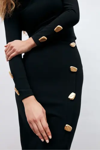 Button Detailed Pencil Skirt - Black - 5