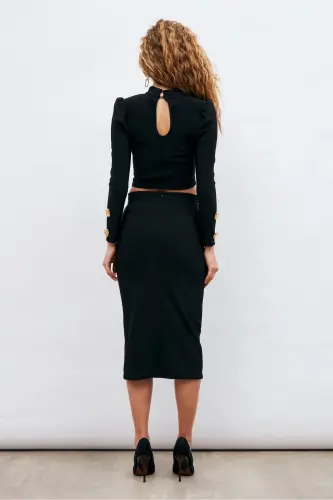 Button Detailed Pencil Skirt - Black - 6