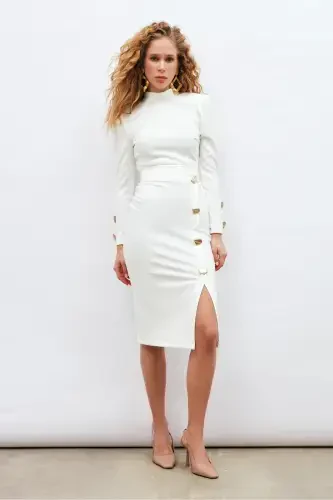 Button Detailed Pencil Skirt - Ecru - 3