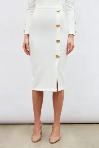 Button Detailed Pencil Skirt - Ecru - 5