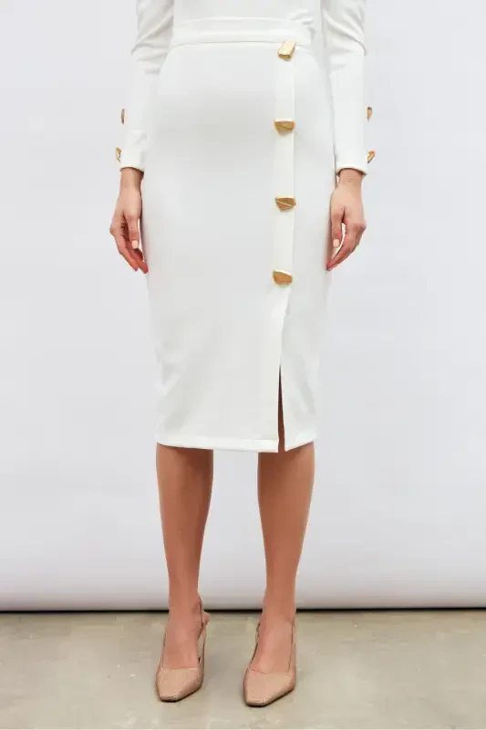 Button Detailed Pencil Skirt - Ecru - 5