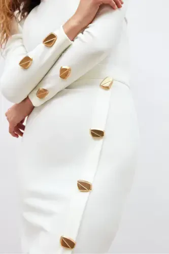 Button Detailed Pencil Skirt - Ecru - 6