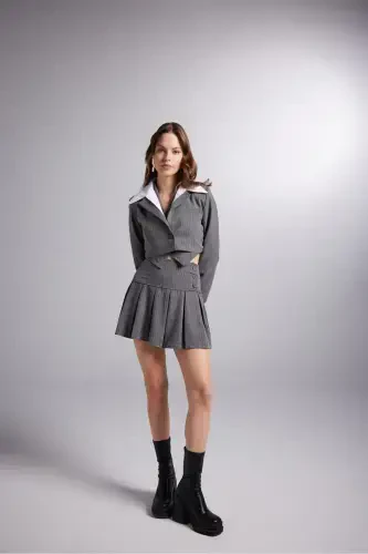 Button Detailed Pleated Mini Kira Skirt Grey - 1