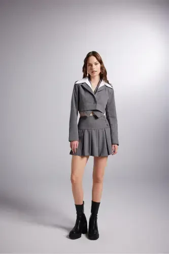 Button Detailed Pleated Mini Kira Skirt Grey - 3