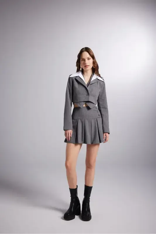 Button Detailed Pleated Mini Kira Skirt Grey - 3