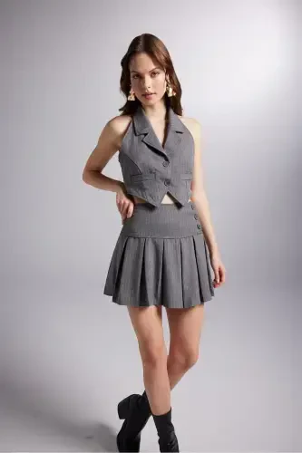 Button Detailed Pleated Mini Kira Skirt Grey - 5