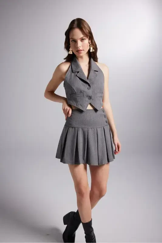 Button Detailed Pleated Mini Kira Skirt Grey - 5