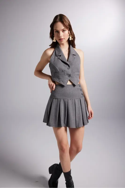 Button Detailed Pleated Mini Kira Skirt Grey - 6