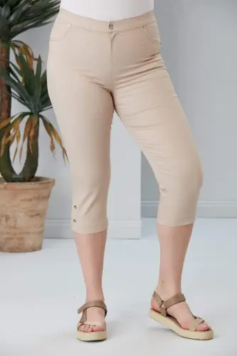 Button Detailed Plus Size Cream Capri - 1