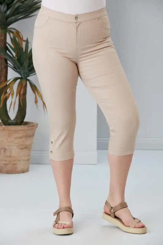 Button Detailed Plus Size Cream Capri - 1