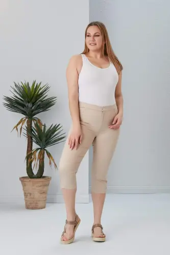 Button Detailed Plus Size Cream Capri - 5