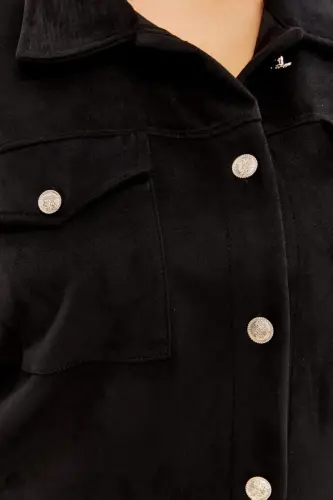 Button Detailed Plus Size Suede Jacket Black - BÜYÜKBEDENIZ (1)