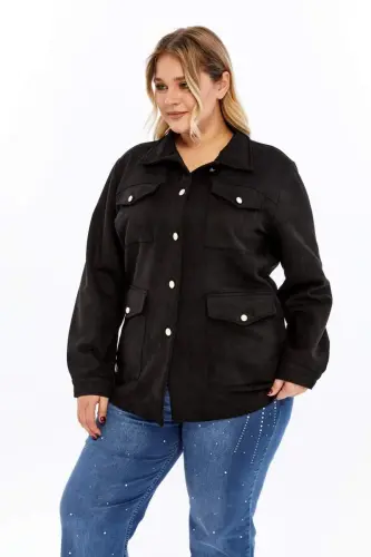 Button Detailed Plus Size Suede Jacket Black - 3