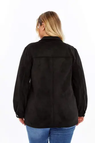 Button Detailed Plus Size Suede Jacket Black - 4