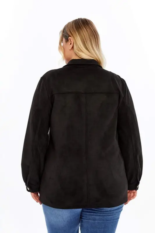 Button Detailed Plus Size Suede Jacket Black - 4