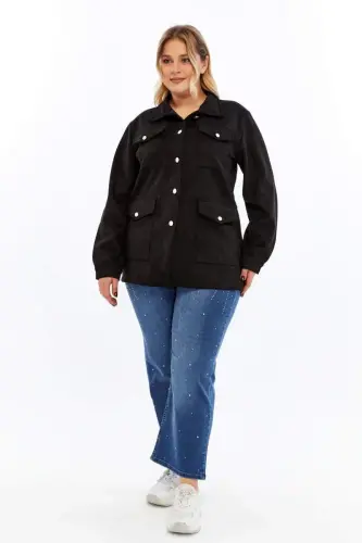 Button Detailed Plus Size Suede Jacket Black - 5