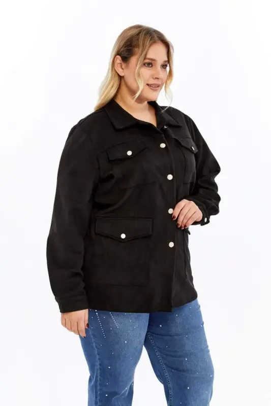 Button Detailed Plus Size Suede Jacket Black - BÜYÜKBEDENIZ