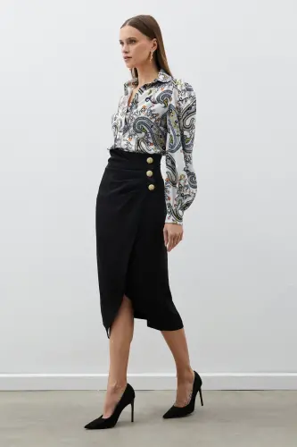 Button Detailed Satin Crepe Skirt - Black-BLACK 