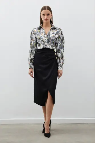 Button Detailed Satin Crepe Skirt - Black-BLACK - 3