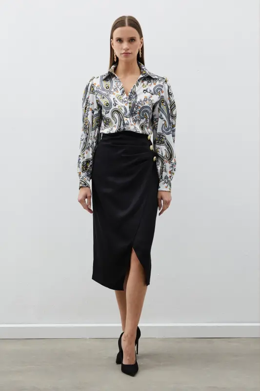Button Detailed Satin Crepe Skirt - Black-BLACK - 3