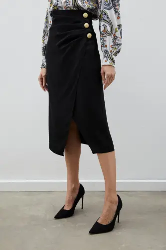 Button Detailed Satin Crepe Skirt - Black-BLACK - 4