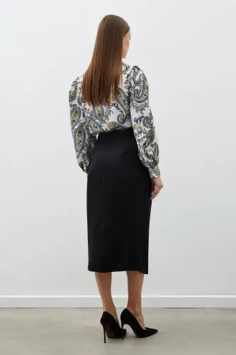 Button Detailed Satin Crepe Skirt - Black-BLACK - 5